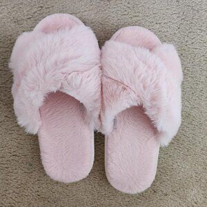 Women's Pink Fuzzy Slippers Cross Band Memory Foam Faux-fur Open Toe Shoes